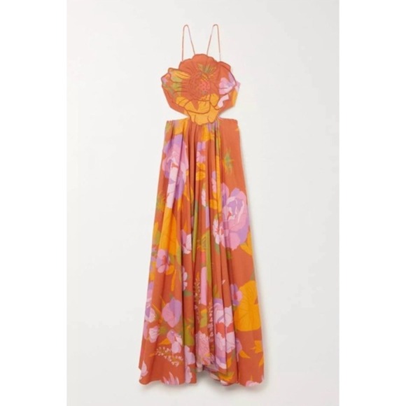 Caroline Constas Orange Floral Halter Maxi Dress Smocked Cutout Beaded Tassel M Caroline Constas Orange Floral Halter Maxi Dress Smocked Cutout Beaded Tassel M